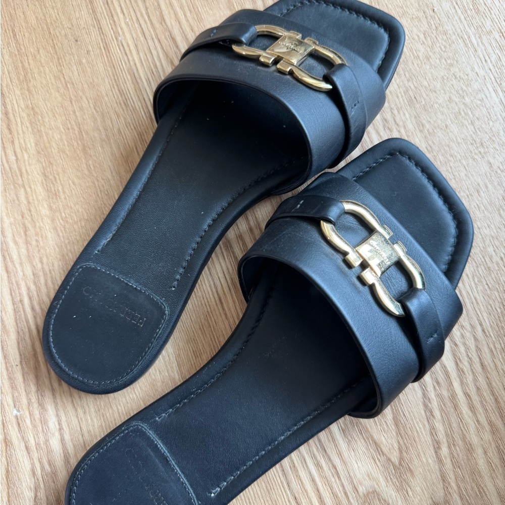 Salvatore Ferragamo Black Leah Leather Slide Sandals with Gold Metallic Detail